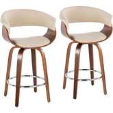 Vintage Mod 26" Swivel Counter Stool in Walnut Wood & Cream Fabric w/ Chrome Footrest (Set of 2)